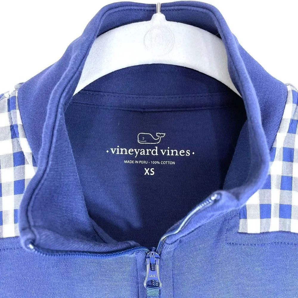 Vineyard Vines 100% cotton quarter zip plaid shoulder‎ Sweater Sz XS whale logo